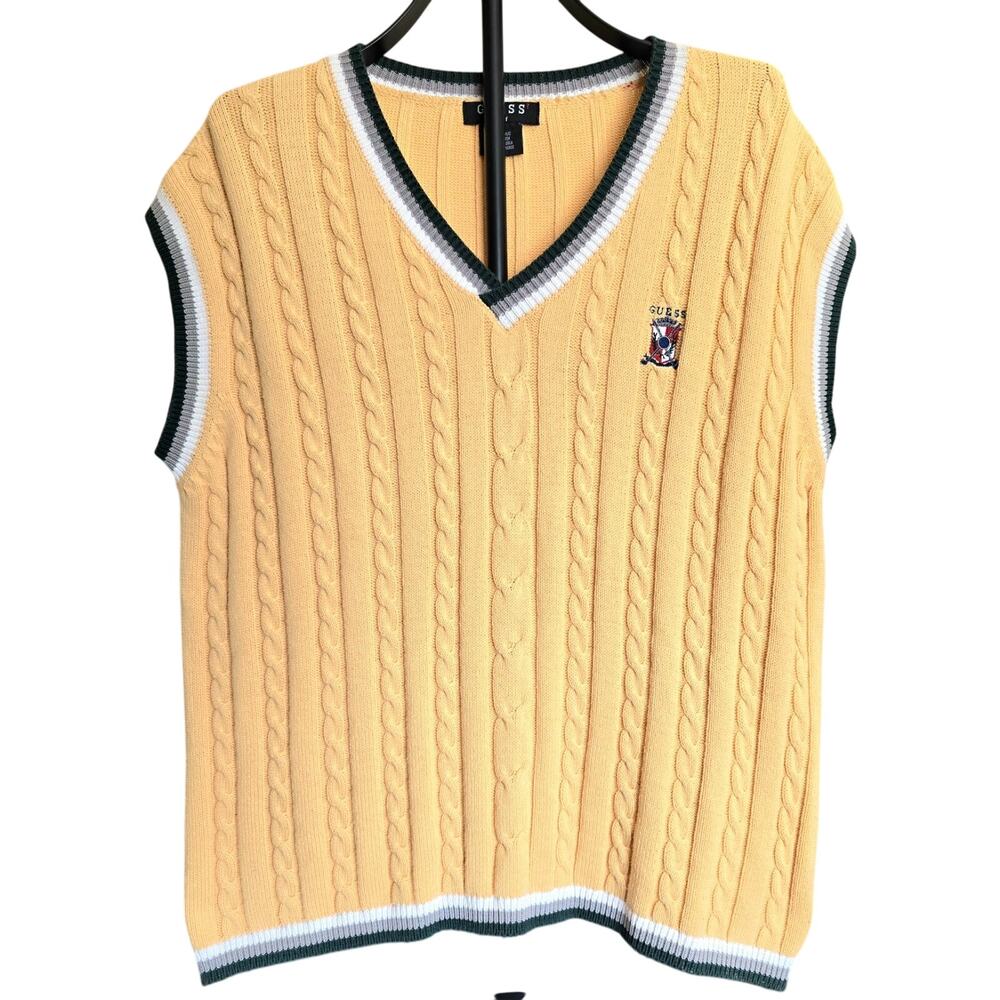 80s Guess Golf Cable Knit Sweater Vest Size XL Yellow Crest Logo Embroidered